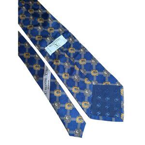 Valentino Cravatte Luxury Tie Blue Gold Classic Print 100% Silk Italy Board Room